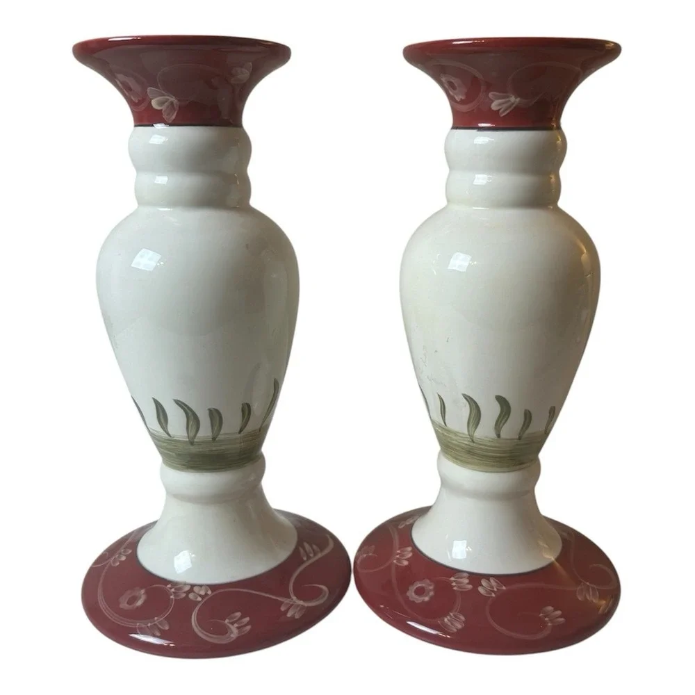 Set Of 2 Rooster Pillar Candle Holder Ceramic Base By Home Interior & Gifts